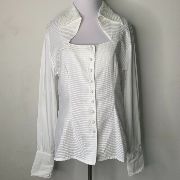 Rayure Tops - Rayure Women's White Long Sleeve Button Down Pleated Shirt Size 44 FR / 12 US
